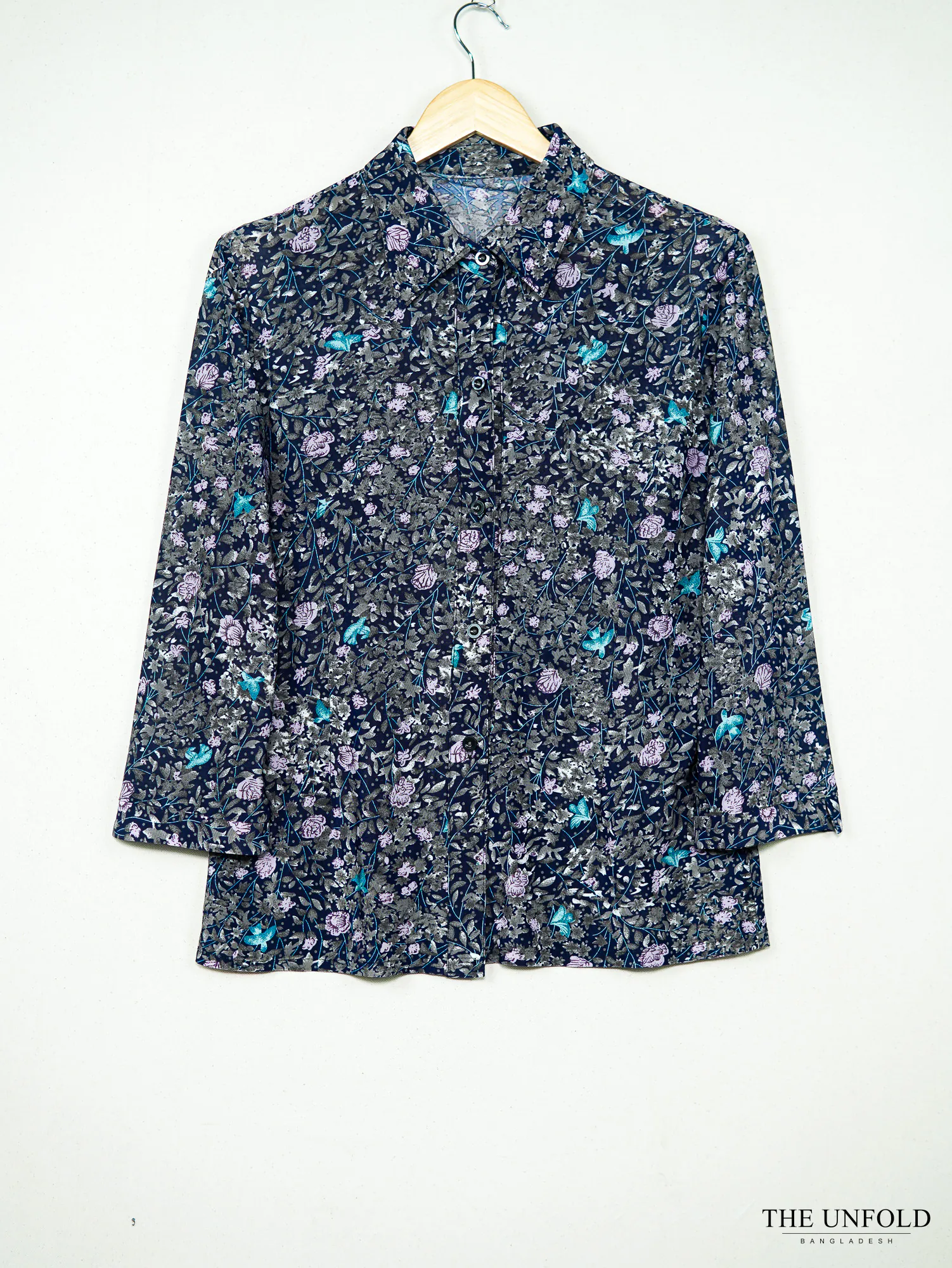 Women's Navy Floral Printed Button-up Shirt