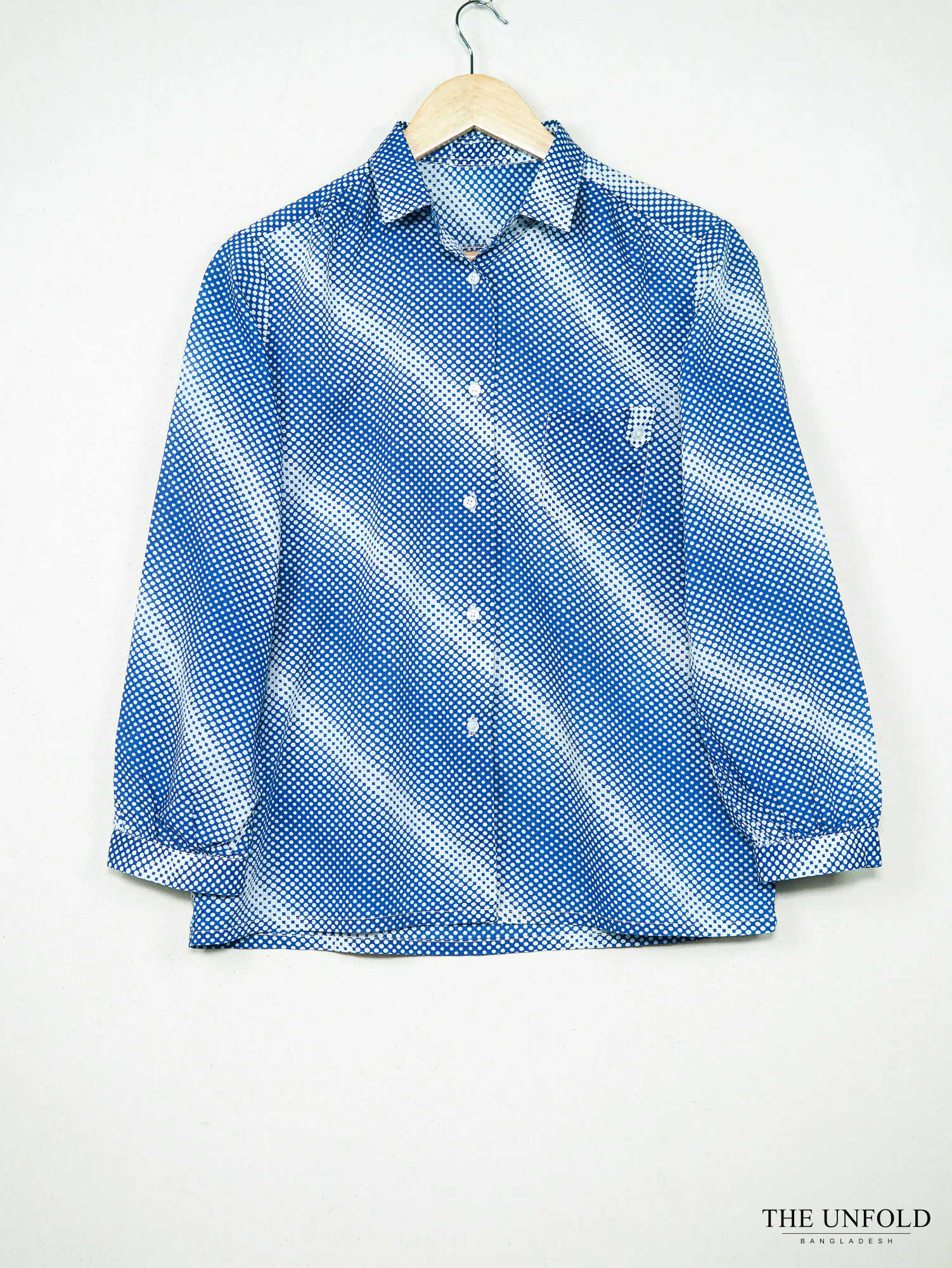 Women's Blue and White Printed Button-Up Shirt
