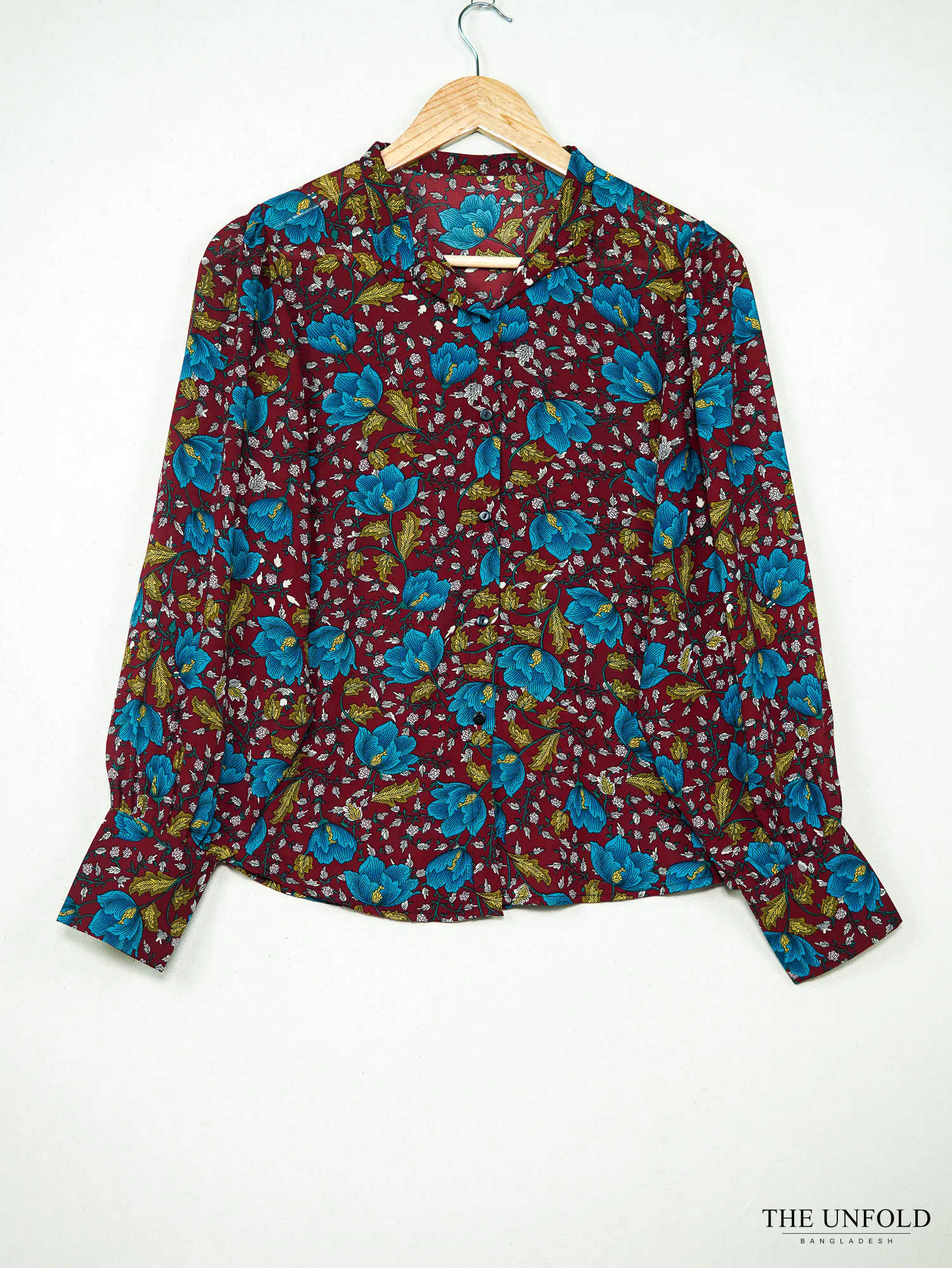 Women's Maroon Blue Floral Long Sleeve Button-Up Shirt