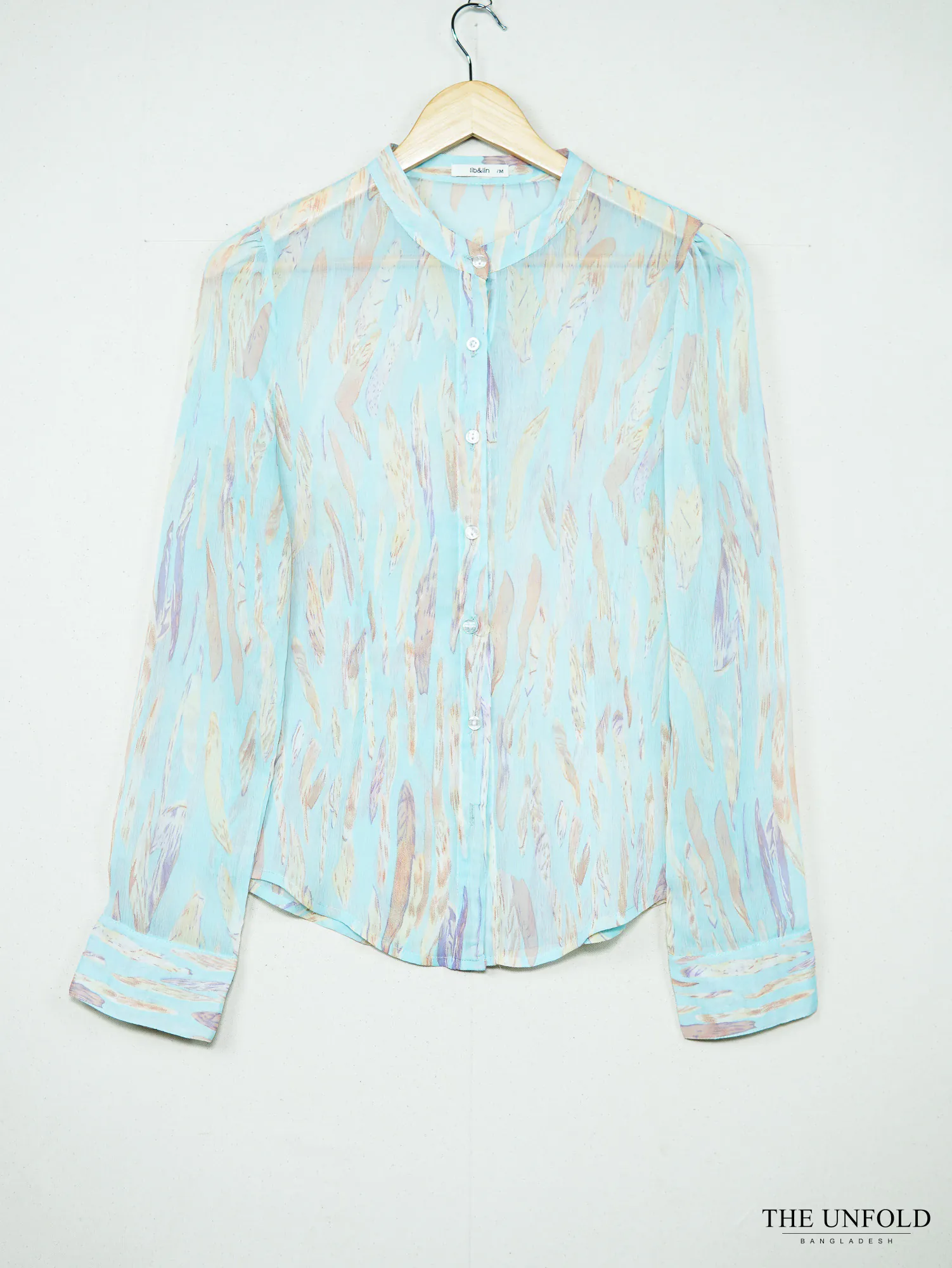 Women's Light Blue Printed Band Collar Button-up Shirt