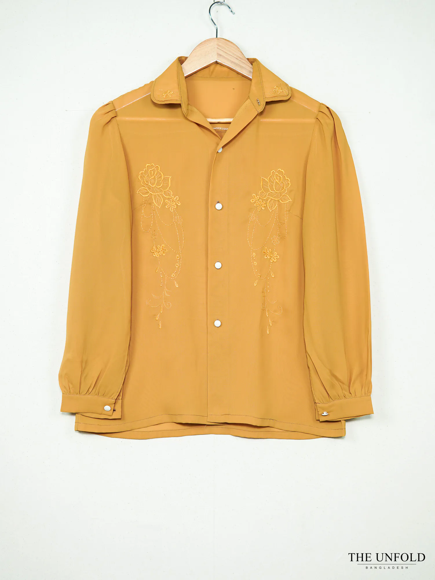 Women's Mustard Yellow Embroidered Floral Button-Front Shirt