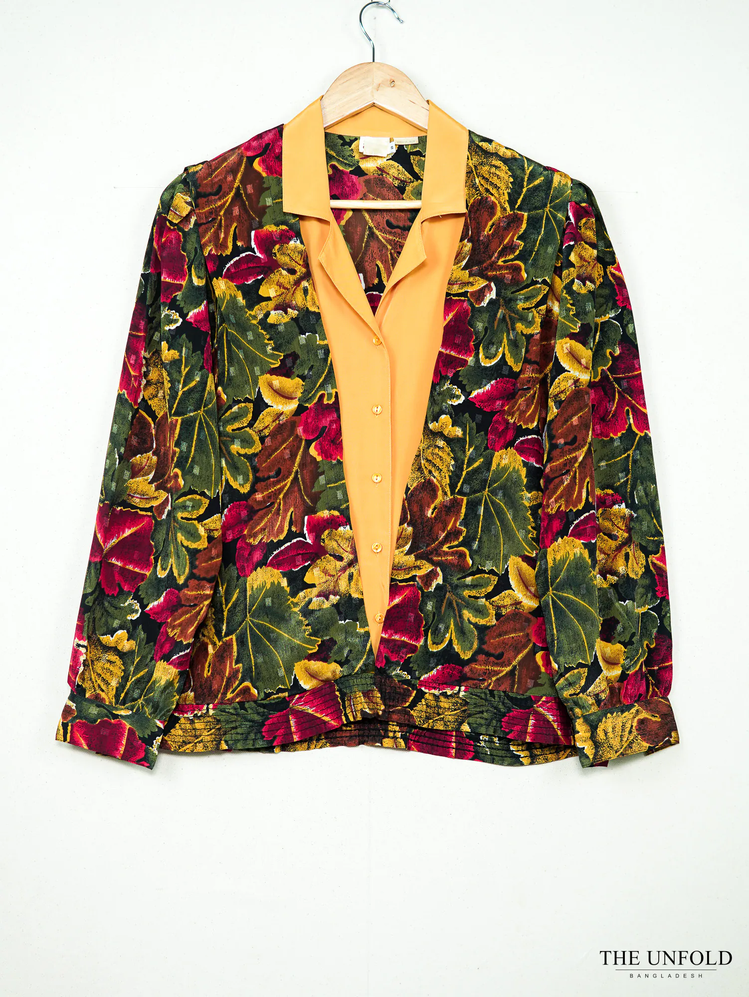 Women's Orange Green Red Yellow Printed Collared Button-Front Top