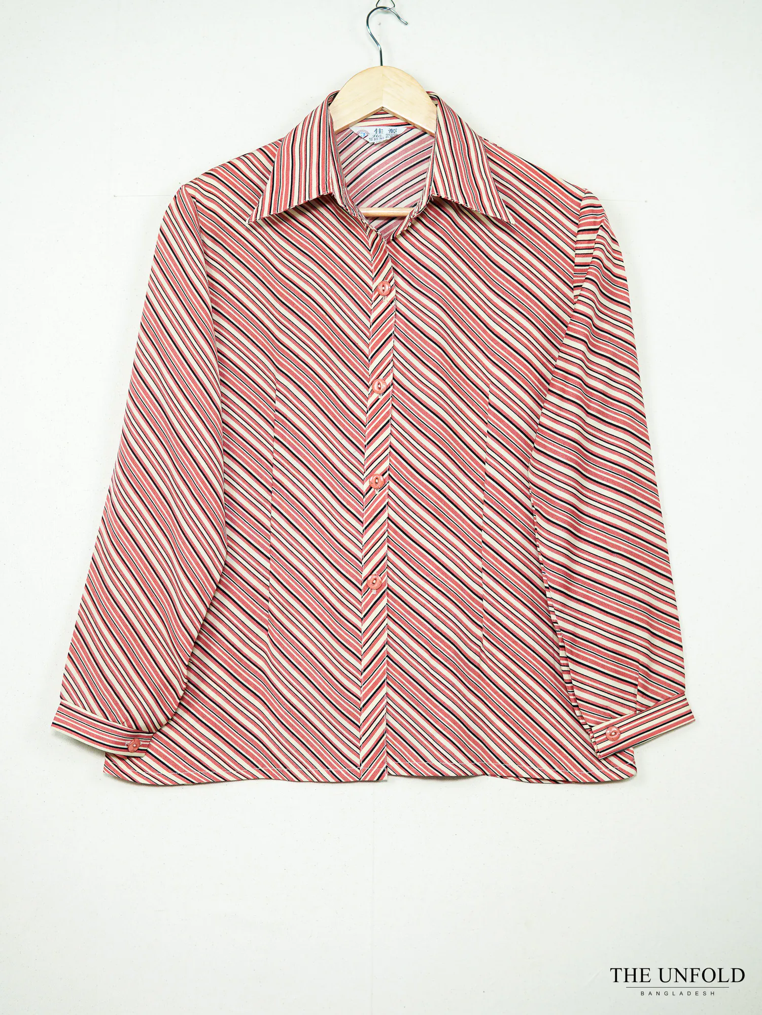 Women's Coral, Cream & Black Striped Long Sleeve Button-Front Shirt