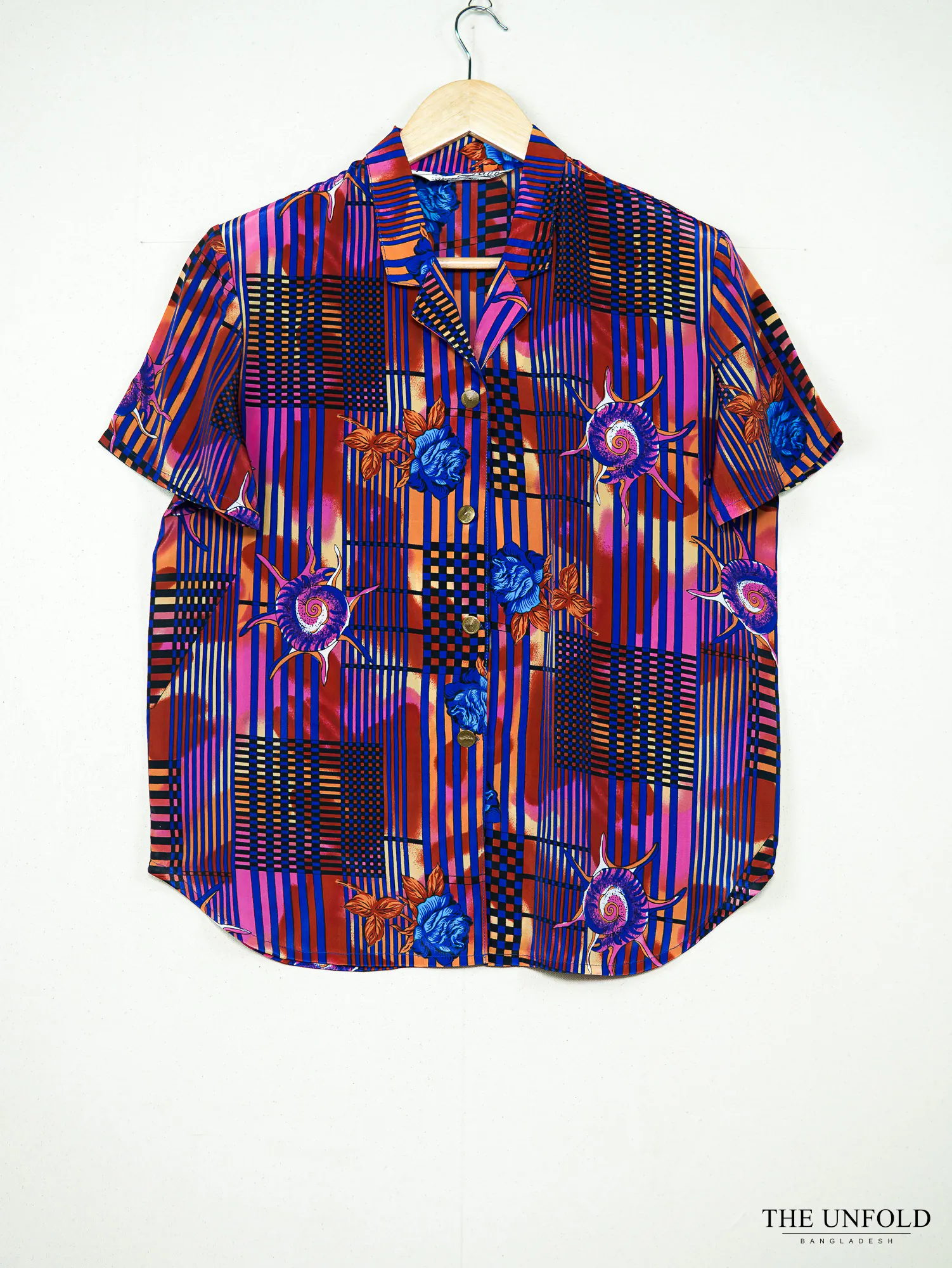 Women's Blue Red Pink Orange Printed Short Sleeve Button-Up Shirt
