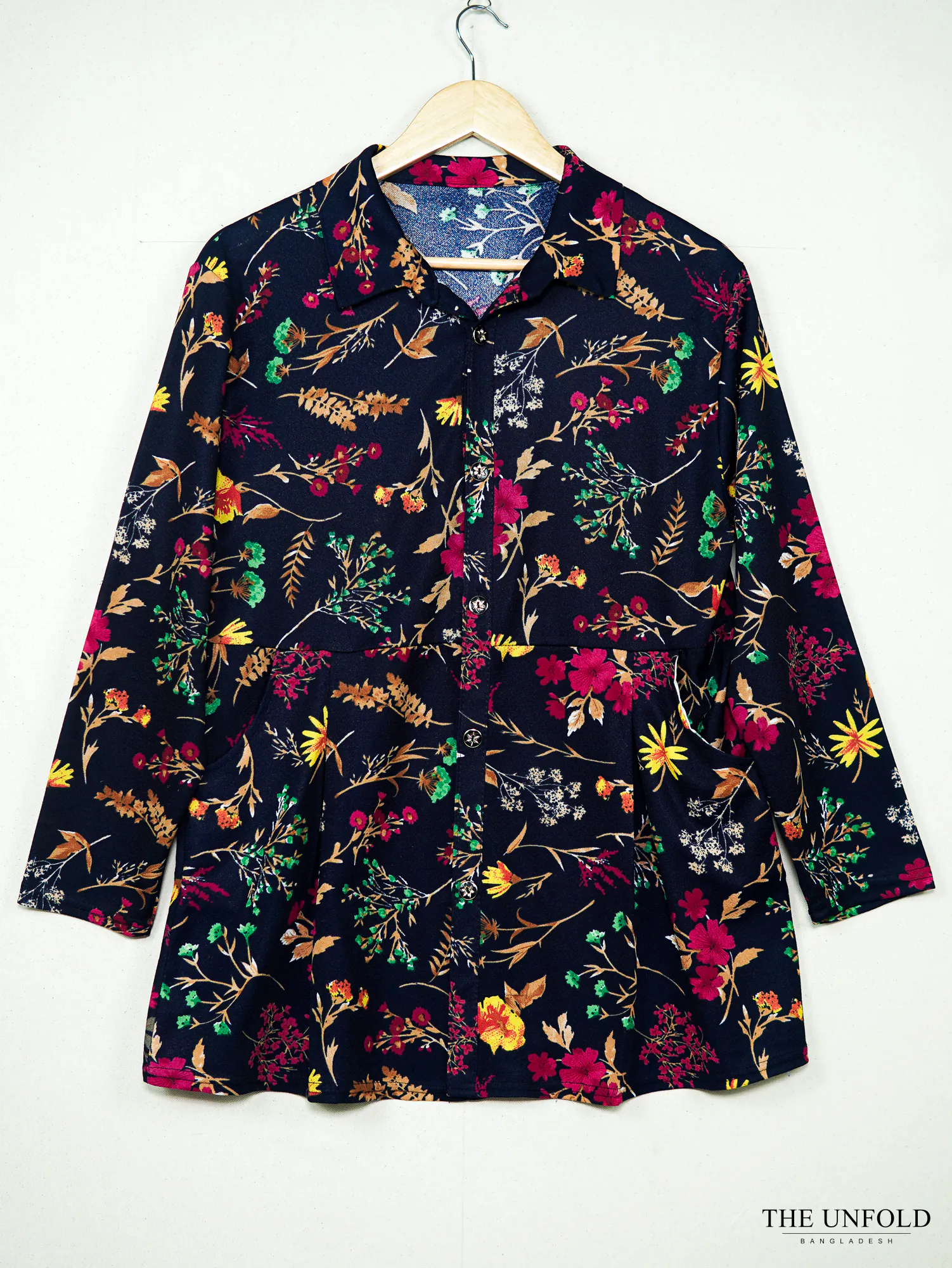 Women's Navy Floral Printed Button-Front Tunic Shirt