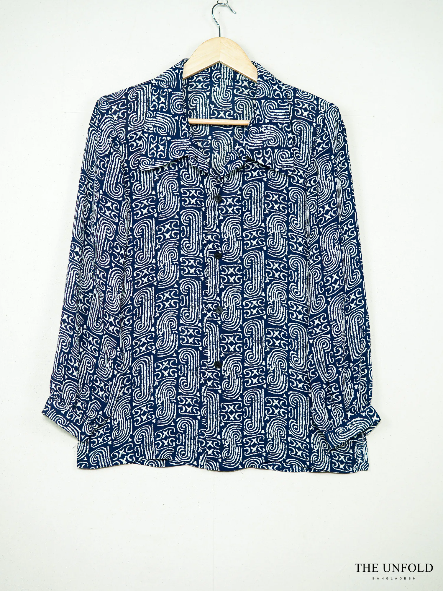 Women's Navy Blue and White Printed Button-Down Shirt
