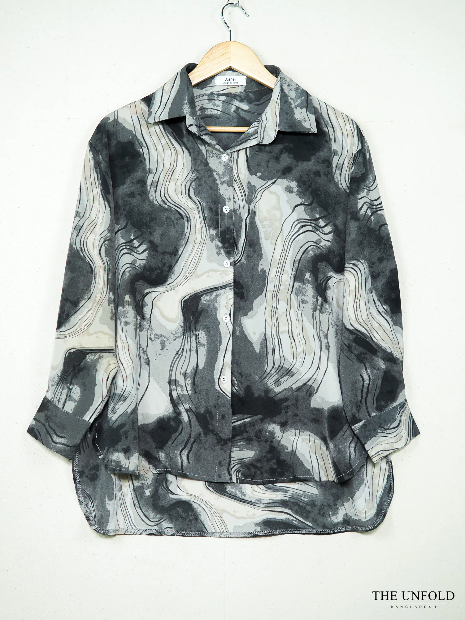 Women's Black and Grey Printed Relaxed Fit Button-Down Shirt