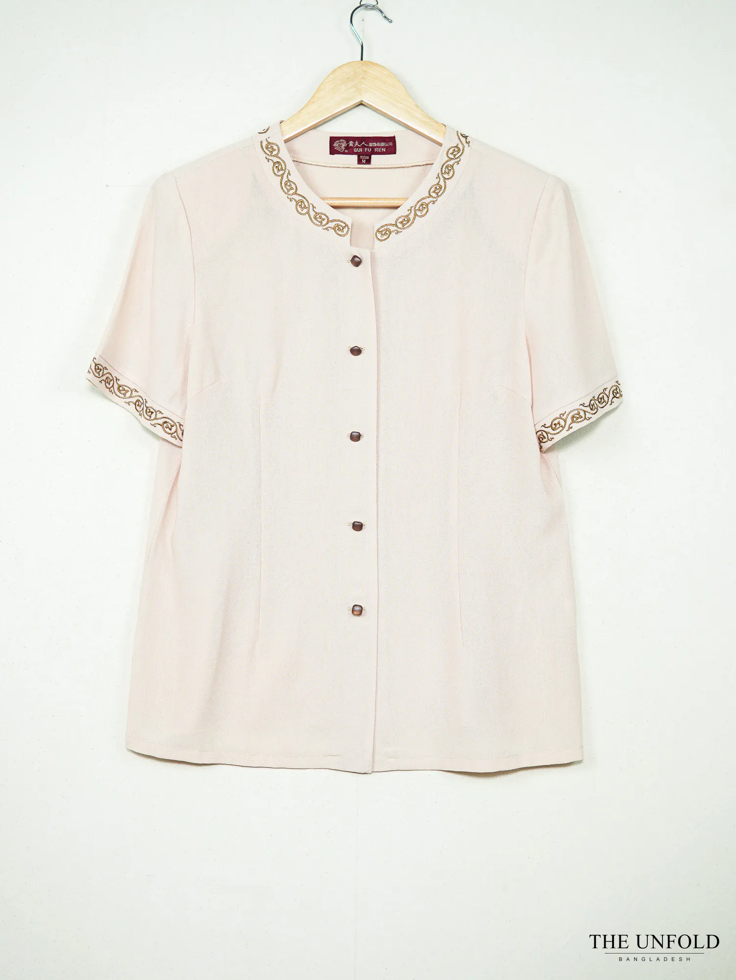 Women's Pale Pink Embroidered Mandarin Collar Top