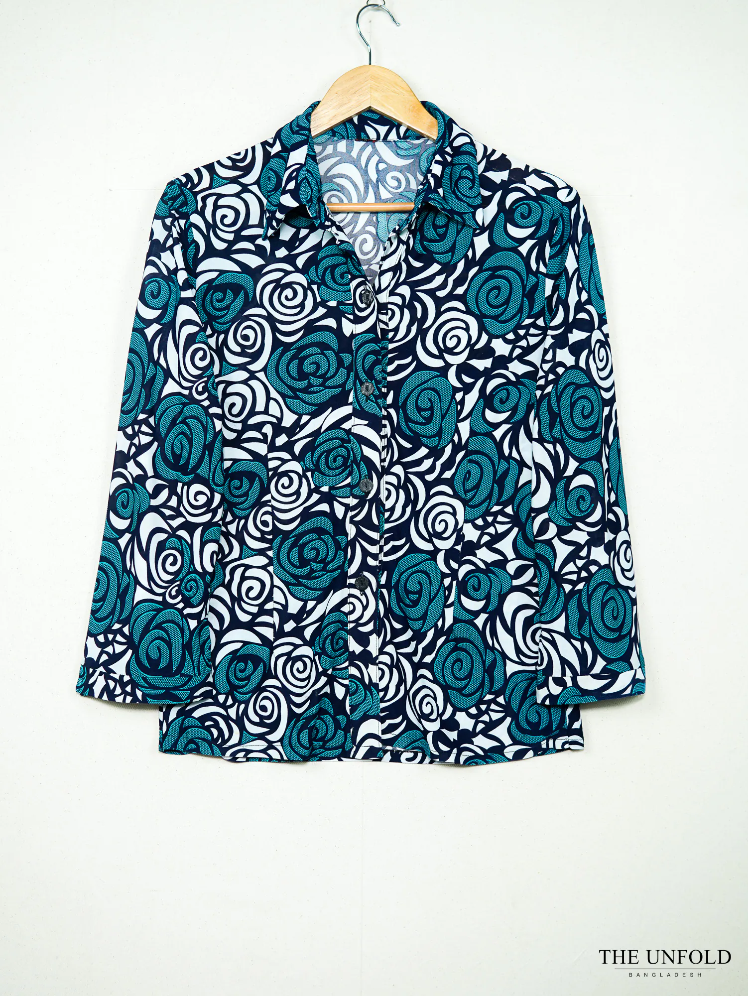Women's Teal, Navy, and White Floral Button-Front Shirt