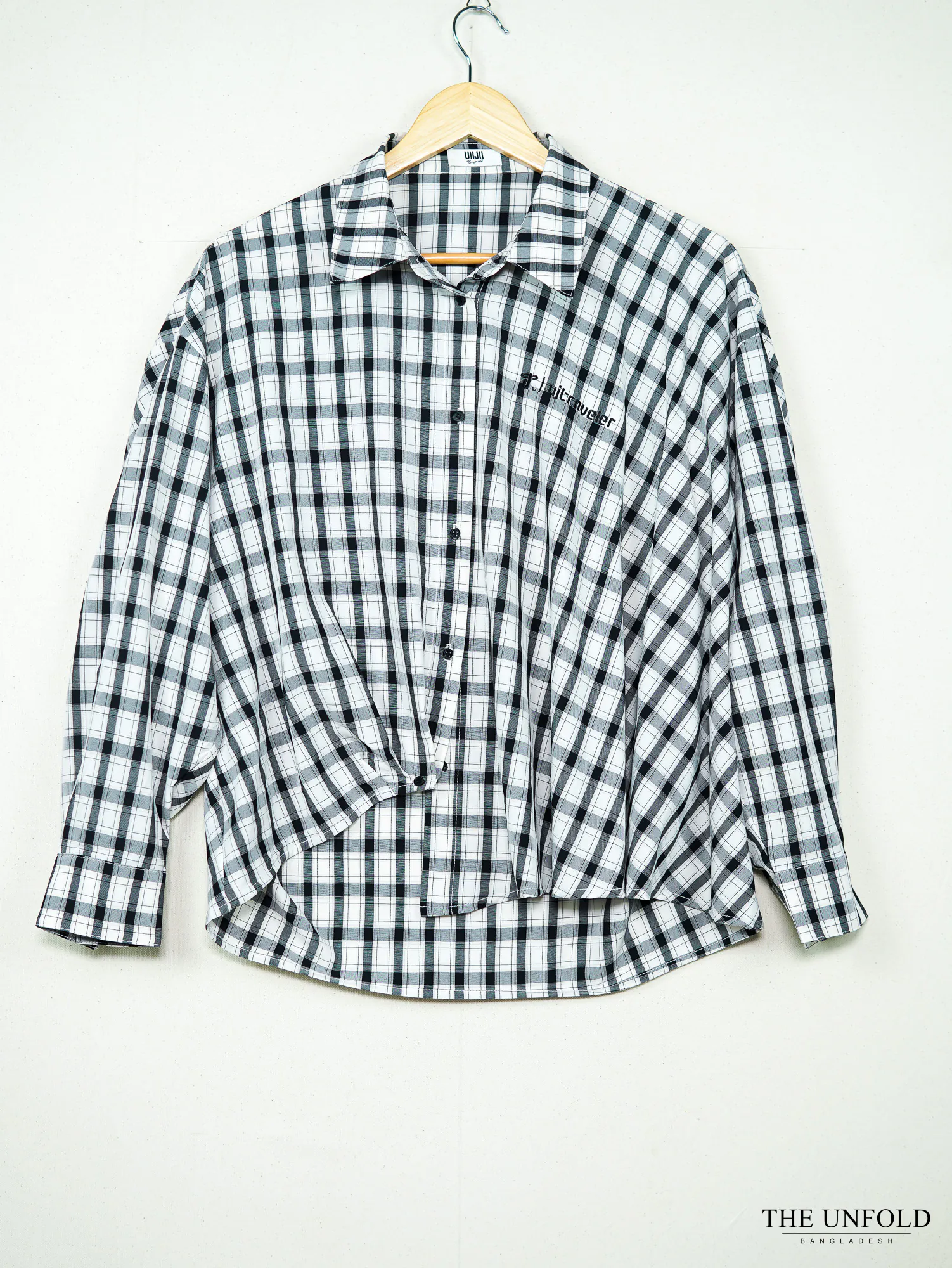 Women's Black and White Check Oversized Asymmetrical Button-Down Shirt
