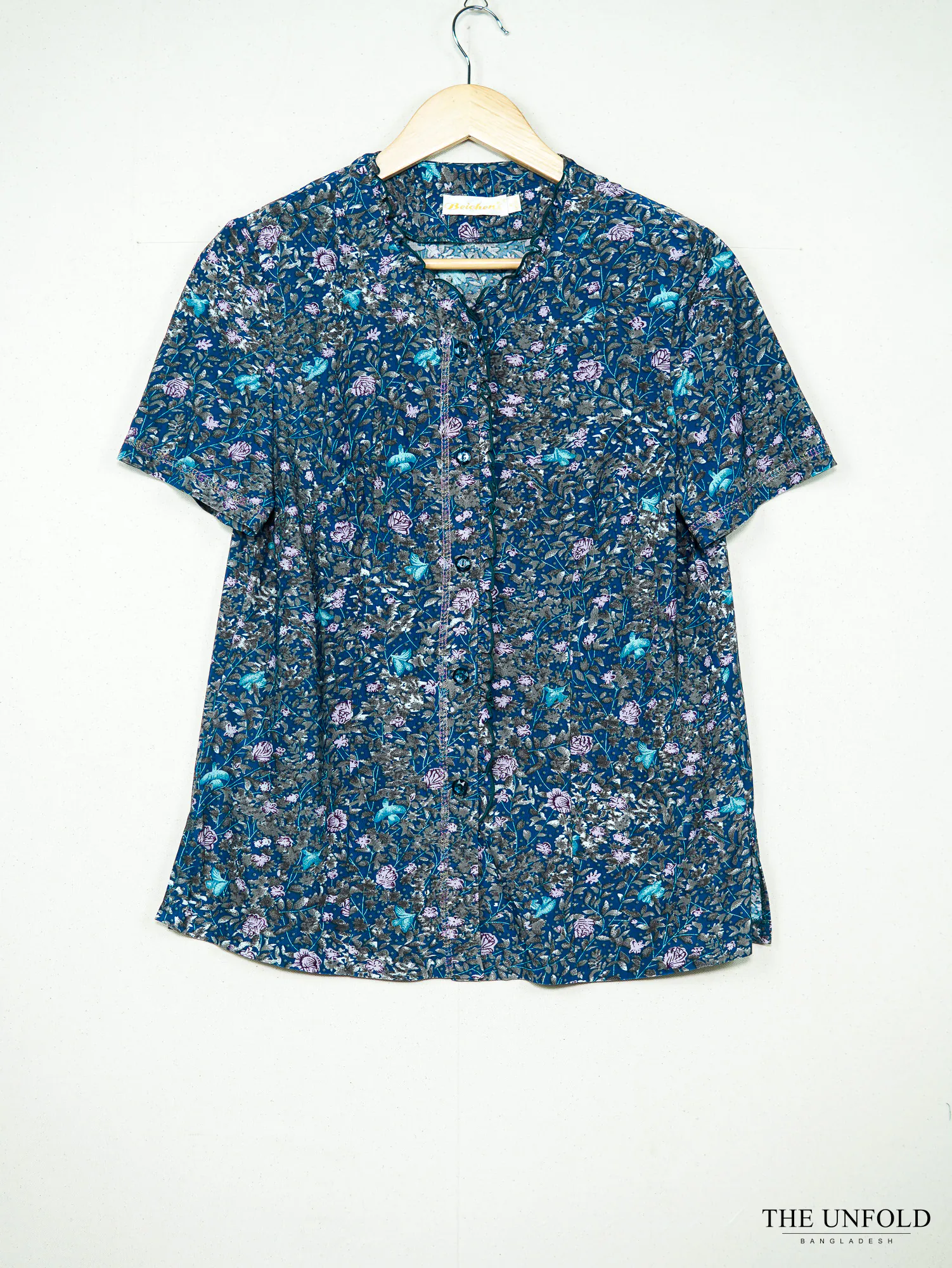 Women's Blue Floral Short Sleeve Shirt